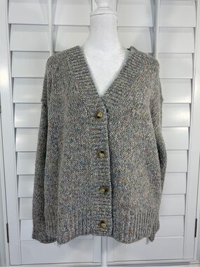 Lou & Grey Heathered Gray Multi V-Neck Button Cardigan Sweater (XS)